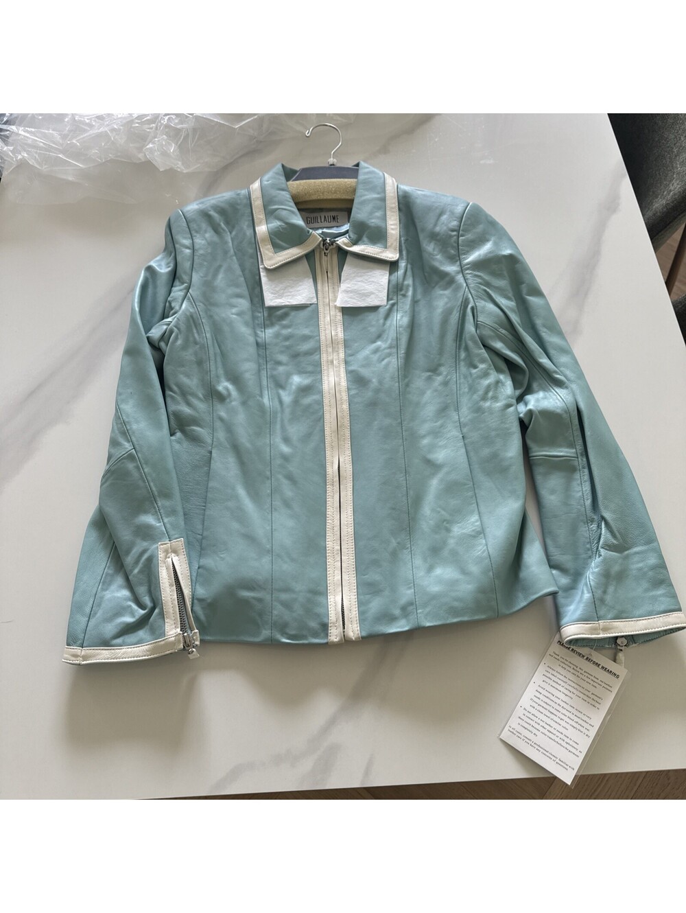 New With Tags - Ladies Medium Leather Bomber Jacket, Blue And White - Guillaume